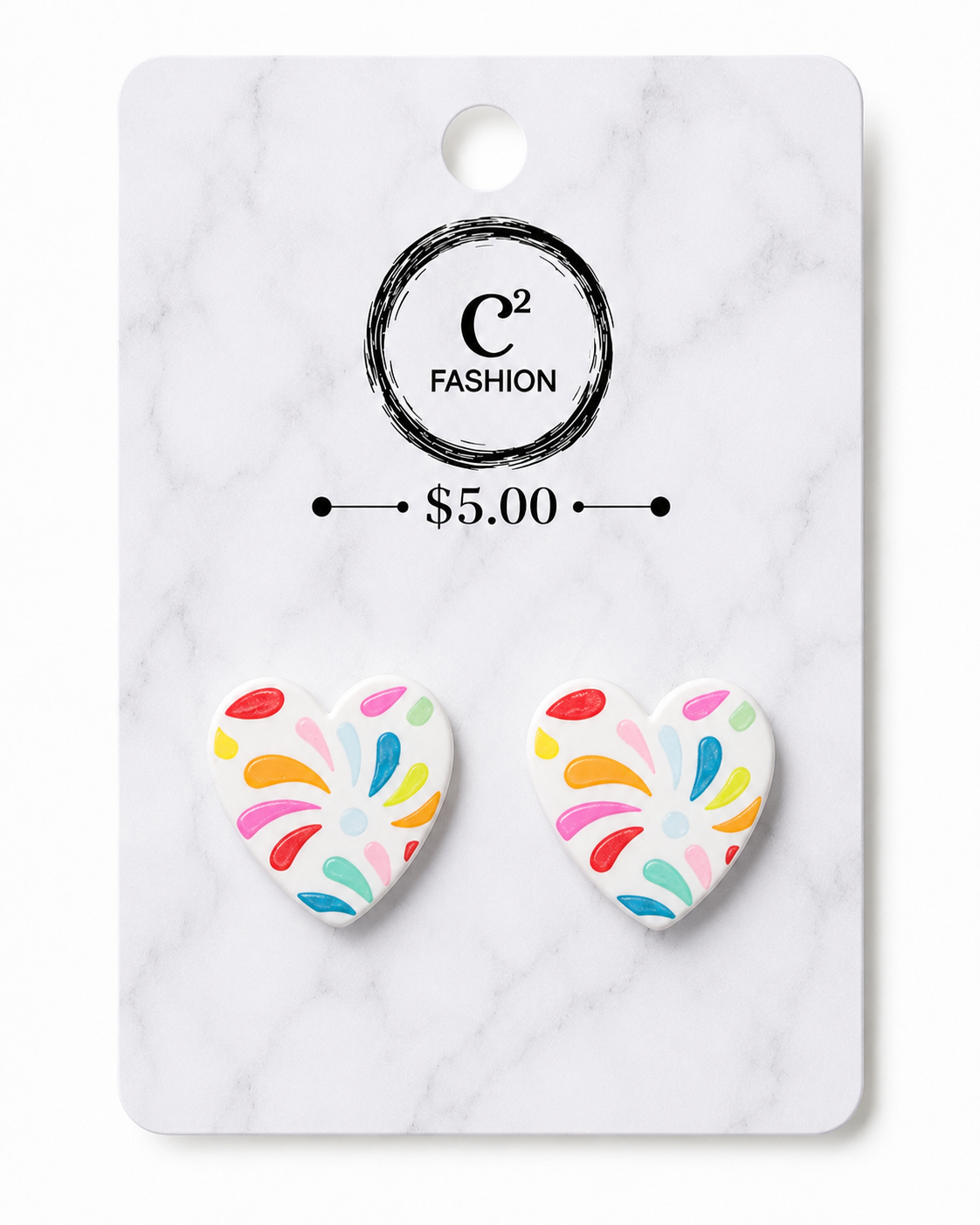 A pair of white heart-shaped stud earrings with colorful paint splatter patterns, displayed on a white marble backing card featuring the brand name C2 FASHION and a price of $5.00.