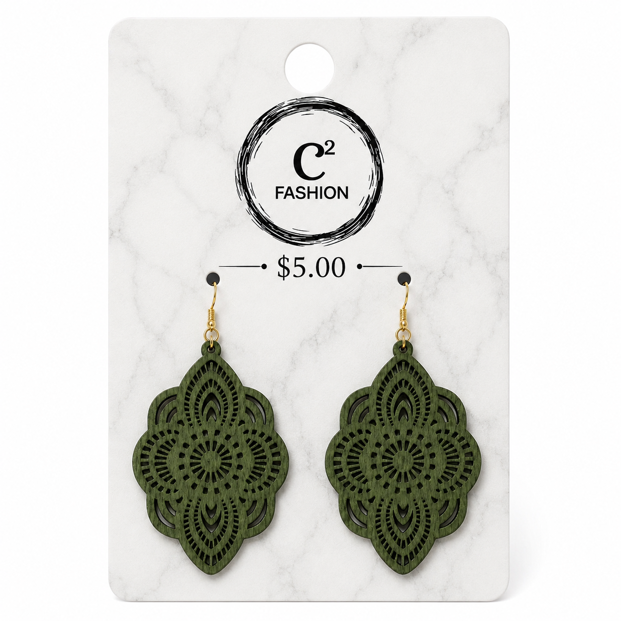 A pair of olive green laser-cut dangle earrings with gold hooks, displayed on a white marble-patterned card with the brand logo 'C2 FASHION' and a price of '$5.00' printed on it.