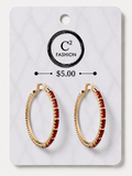 Red bling with gold hoop earrings 