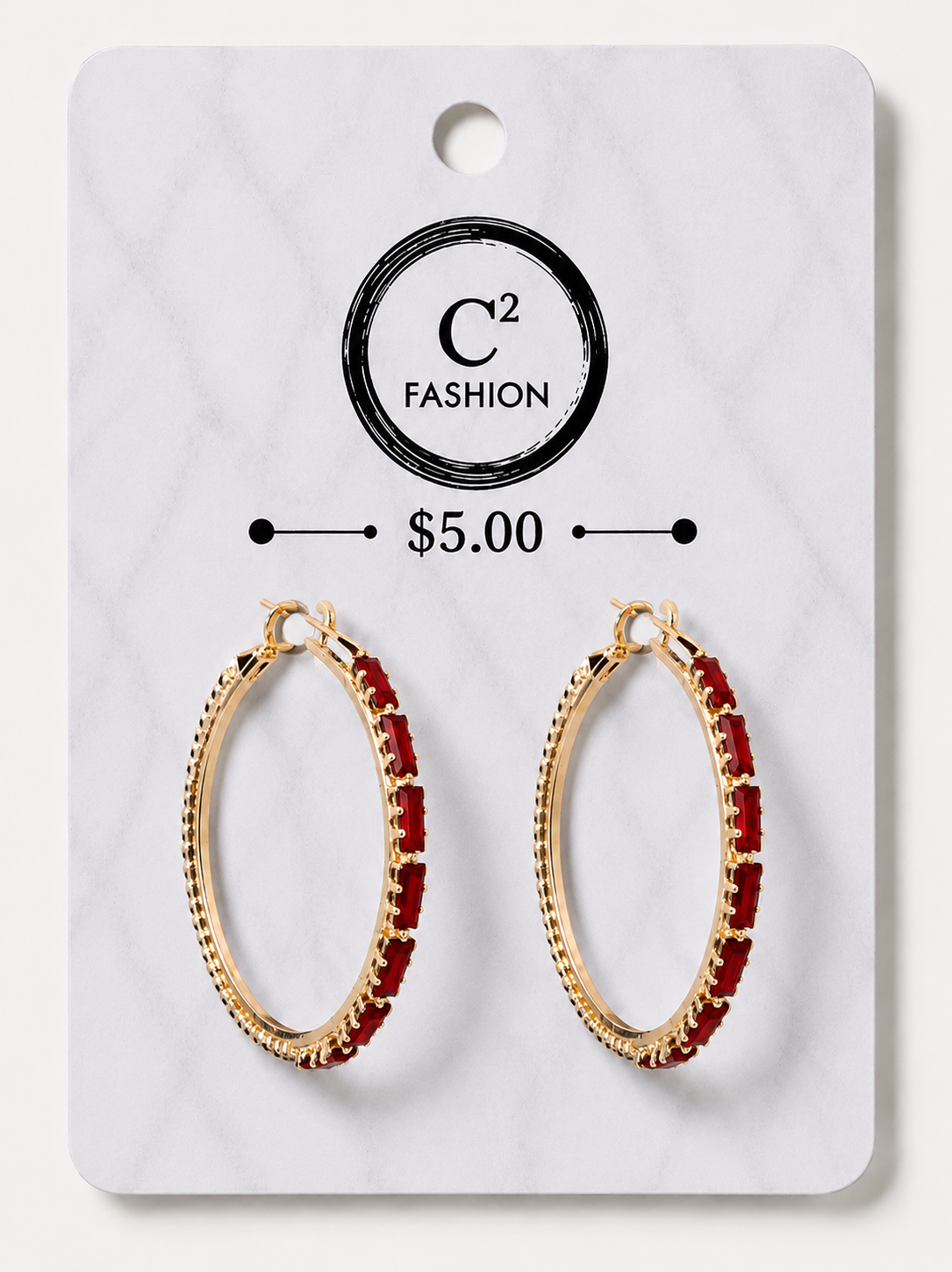 Red bling with gold hoop earrings 