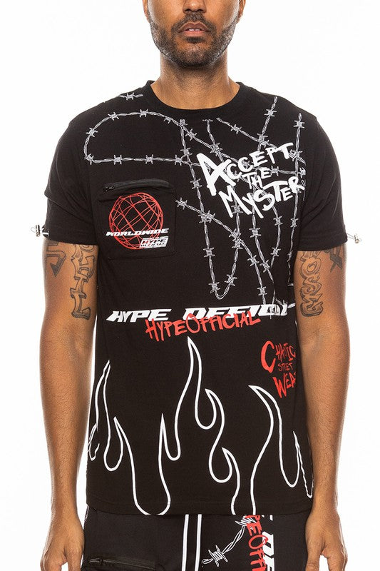 Black t-shirt with white and red graphics and text worn by a person on a white background
