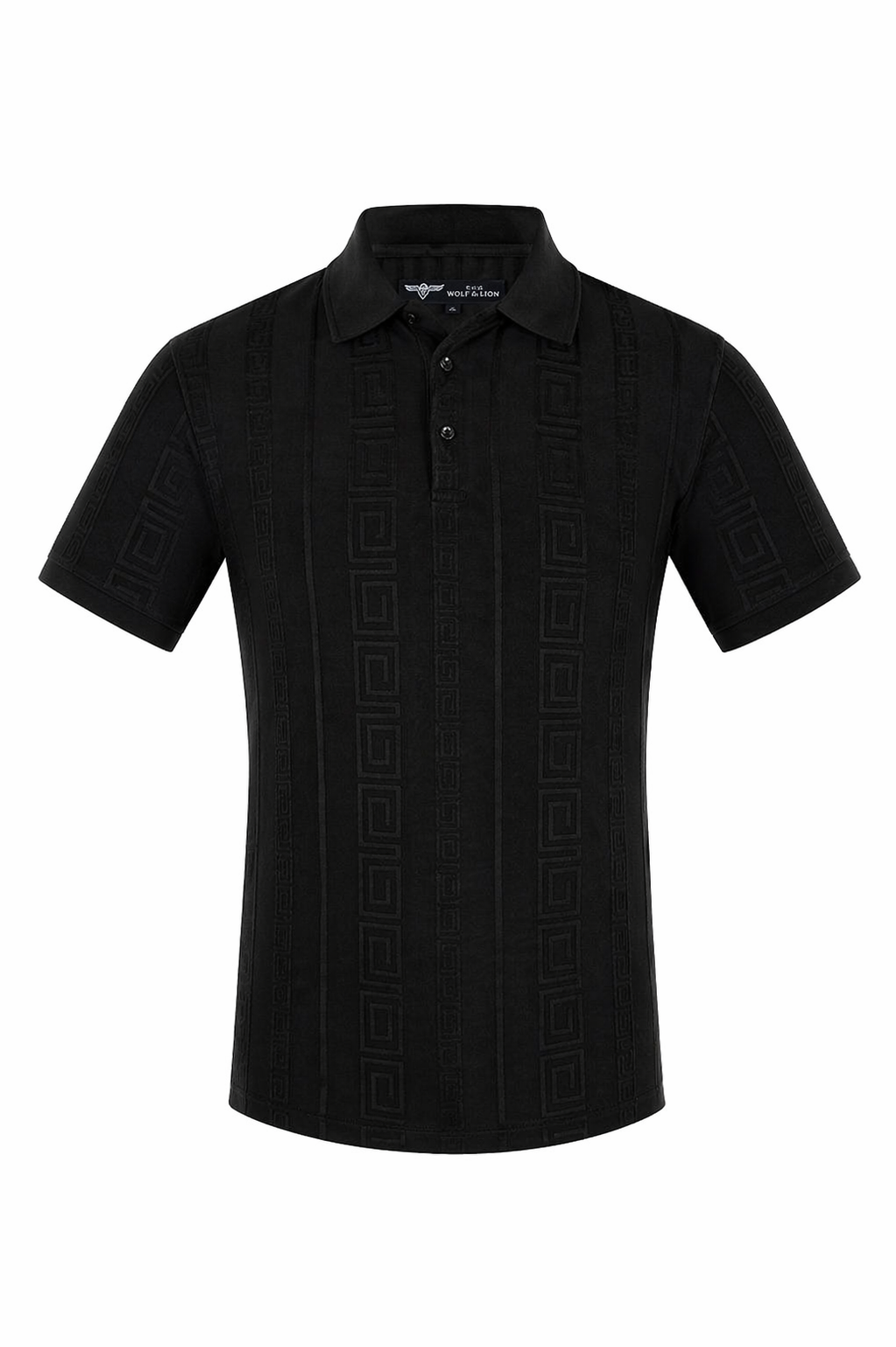 Black patterned polo shirt on a white background