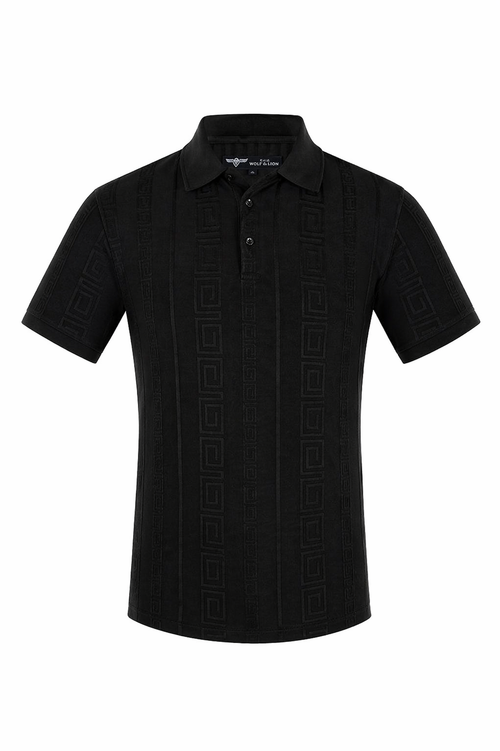 Black patterned polo shirt on a white background