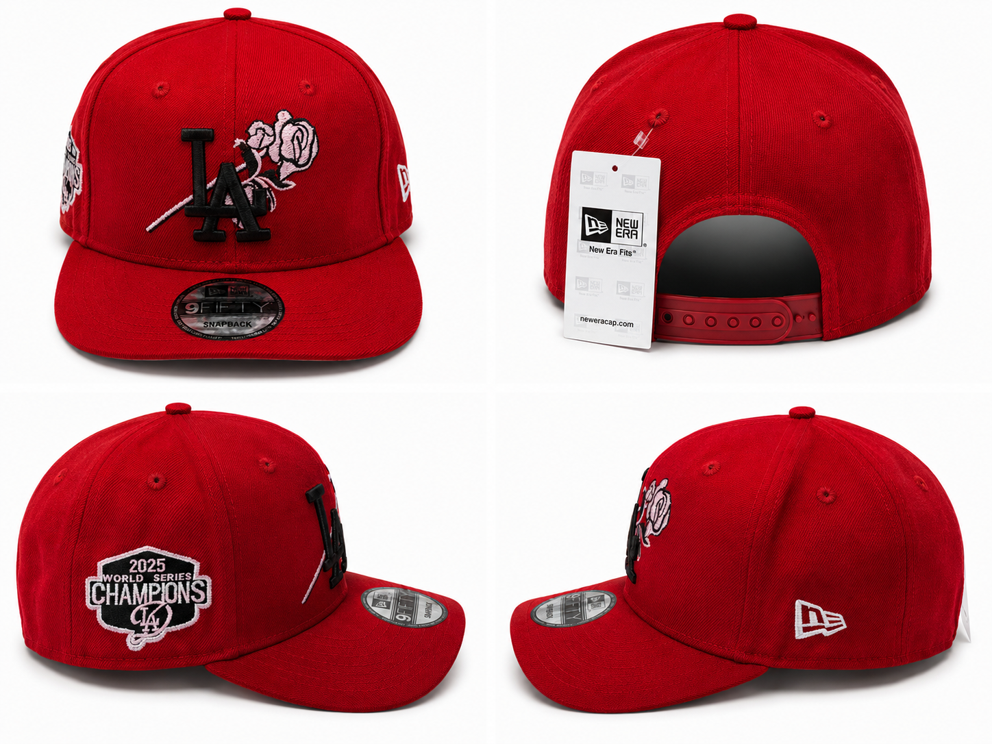 Red Dodgers snapback featuring raised black LA logo with embroidered roses and commemorative side patch.