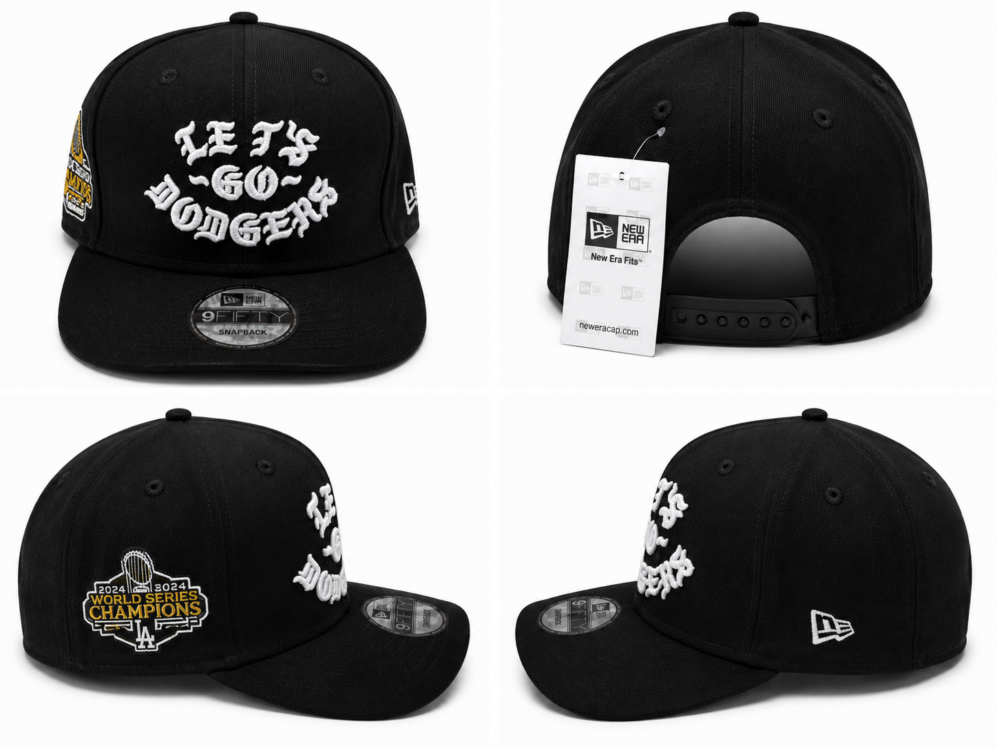 Black Dodgers snapback with 'LET'S GO DODGERS' front embroidery and 2024 World Series Champions side patch.