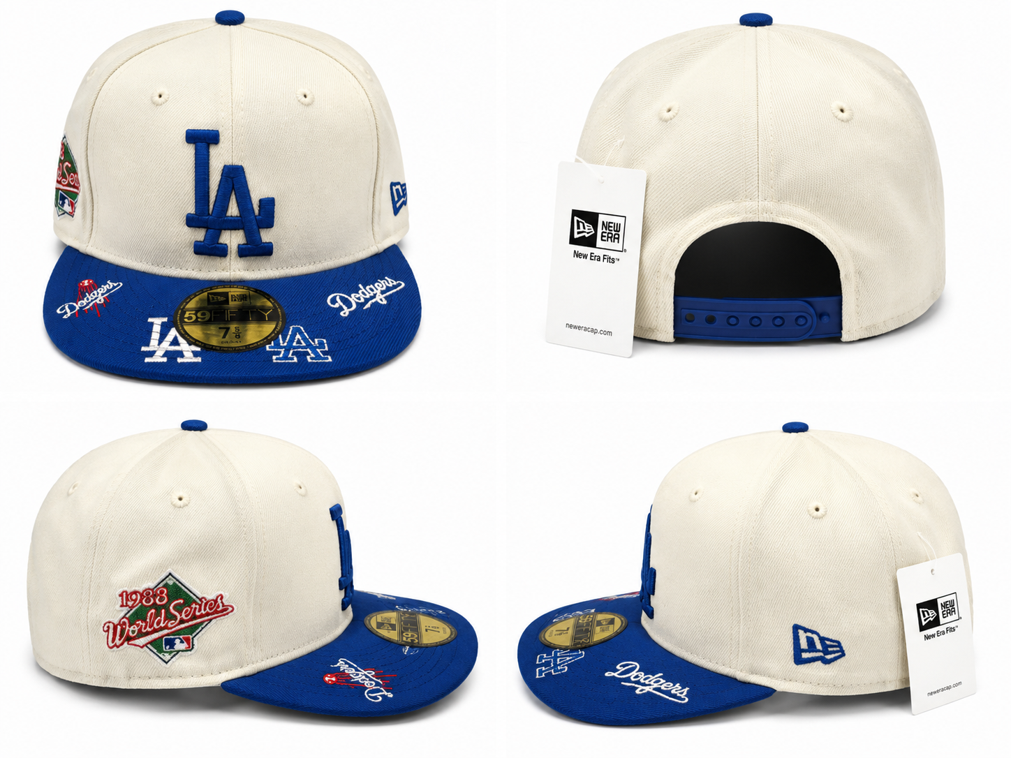 Cream crown with royal blue visor, classic LA logo, 1988 World Series side patch, and premium fitted construction.