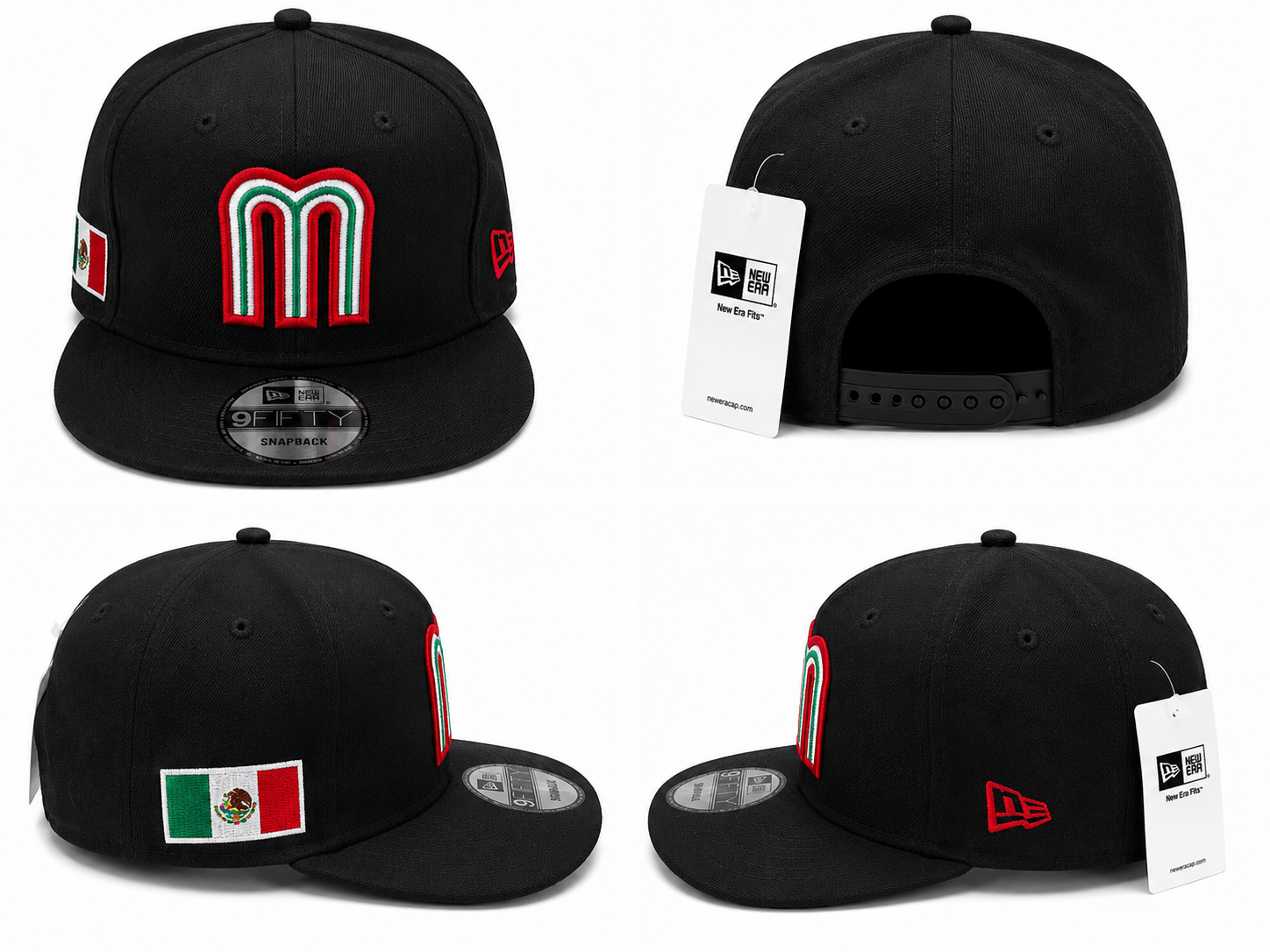 Black snapback featuring a tricolor Mexico-inspired 'M' logo, Mexico flag side patch, and premium embroidered details.