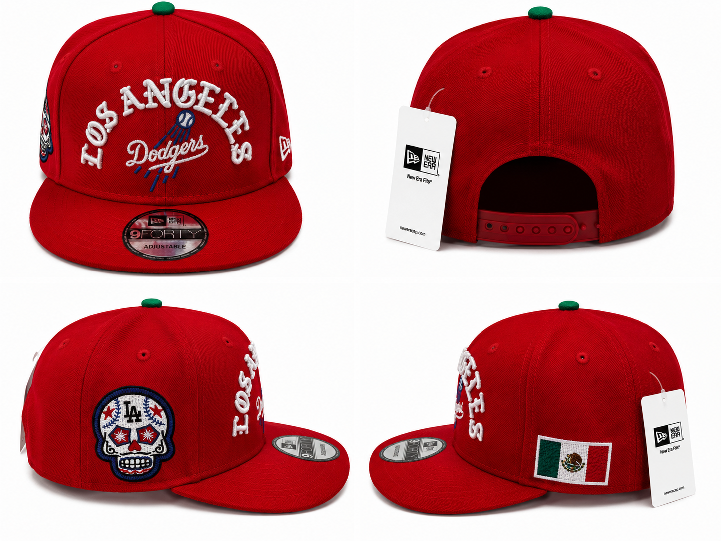 Bold red Dodgers snapback with embroidered Dodgers script, Day of the Dead side patch, and Mexico flag accent.