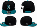 Black crown with teal visor, iconic Mariners compass logo, premium embroidery, and adjustable snapback closure.