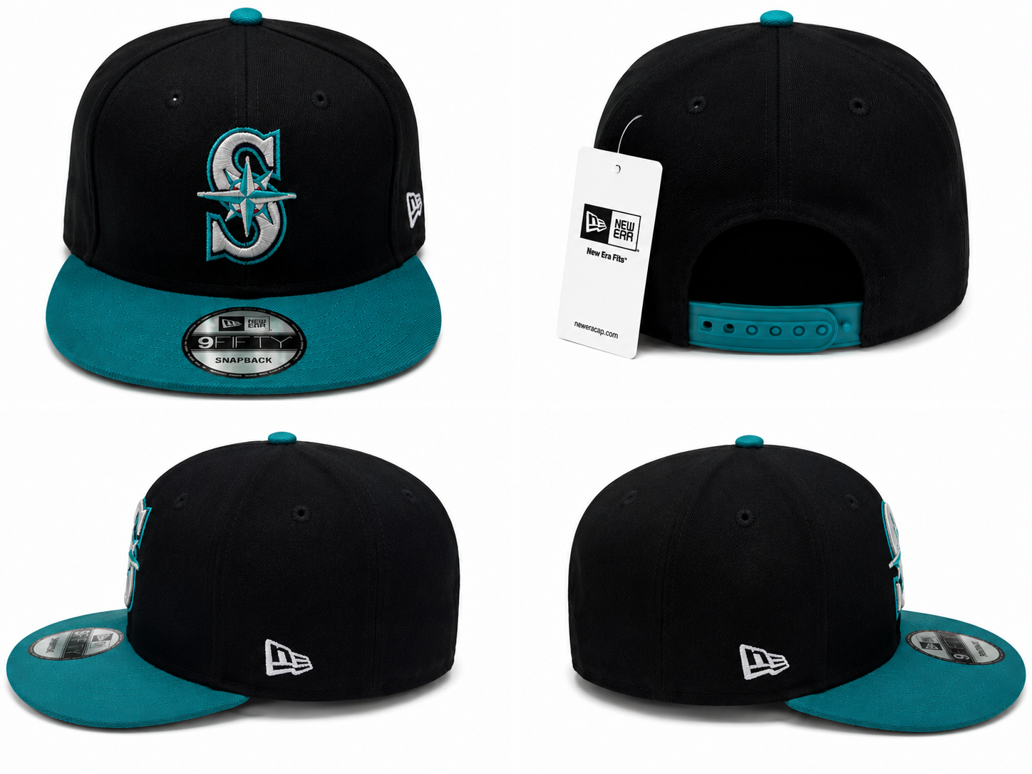 Black crown with teal visor, iconic Mariners compass logo, premium embroidery, and adjustable snapback closure.