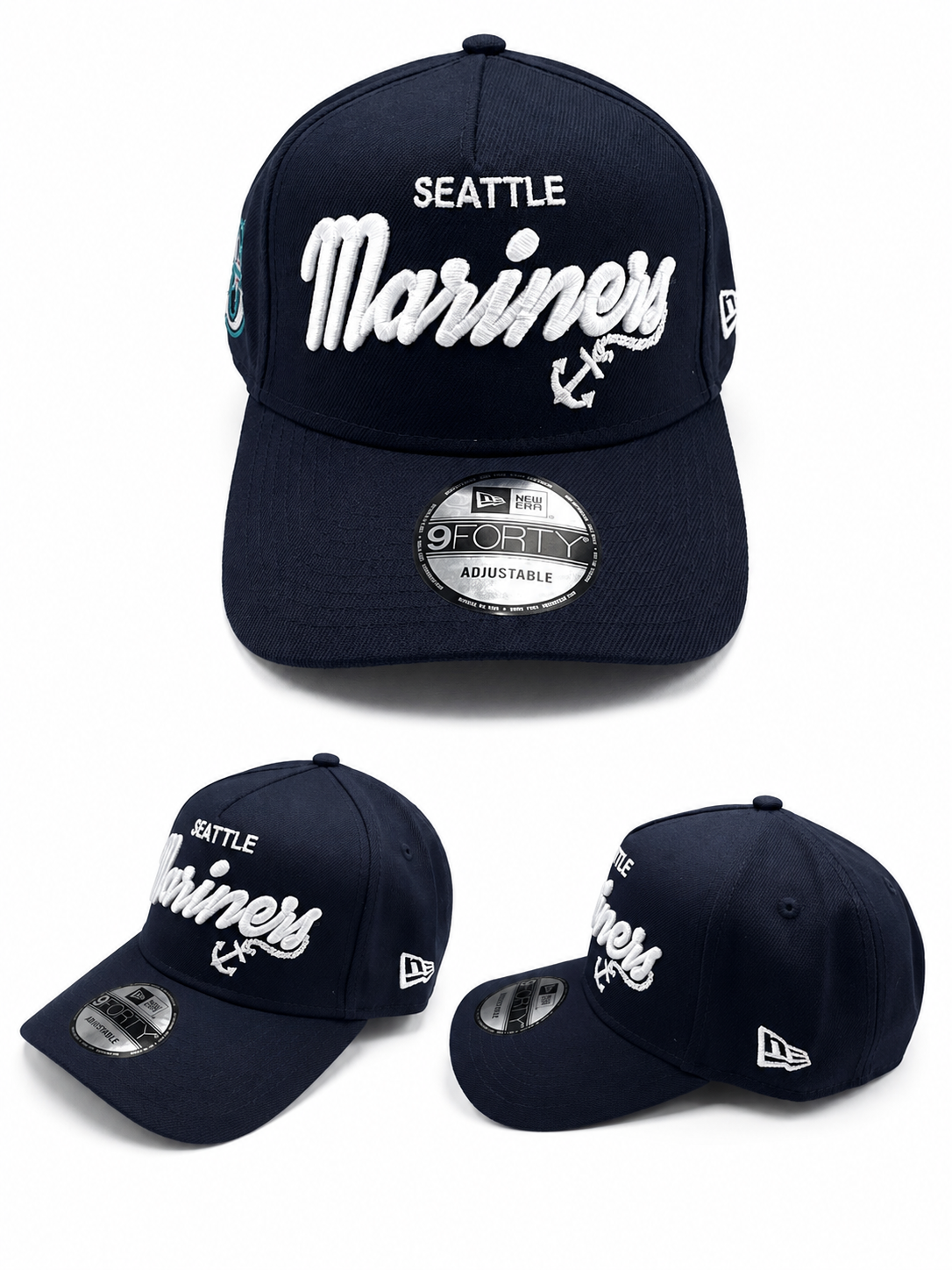 ]Adjustable Seattle Mariners Cap. Featuring premium raised white embroidery with a bold script "Mariners" logo, "Seattle" lettering, and anchor detail, this cap delivers a clean, timeless look. Finished with the iconic Mariners side logo and New Era flag.