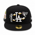 Black cap with various embroidered designs on a white background