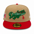 Beige and red baseball cap with 'Dodgers' logo on a white background