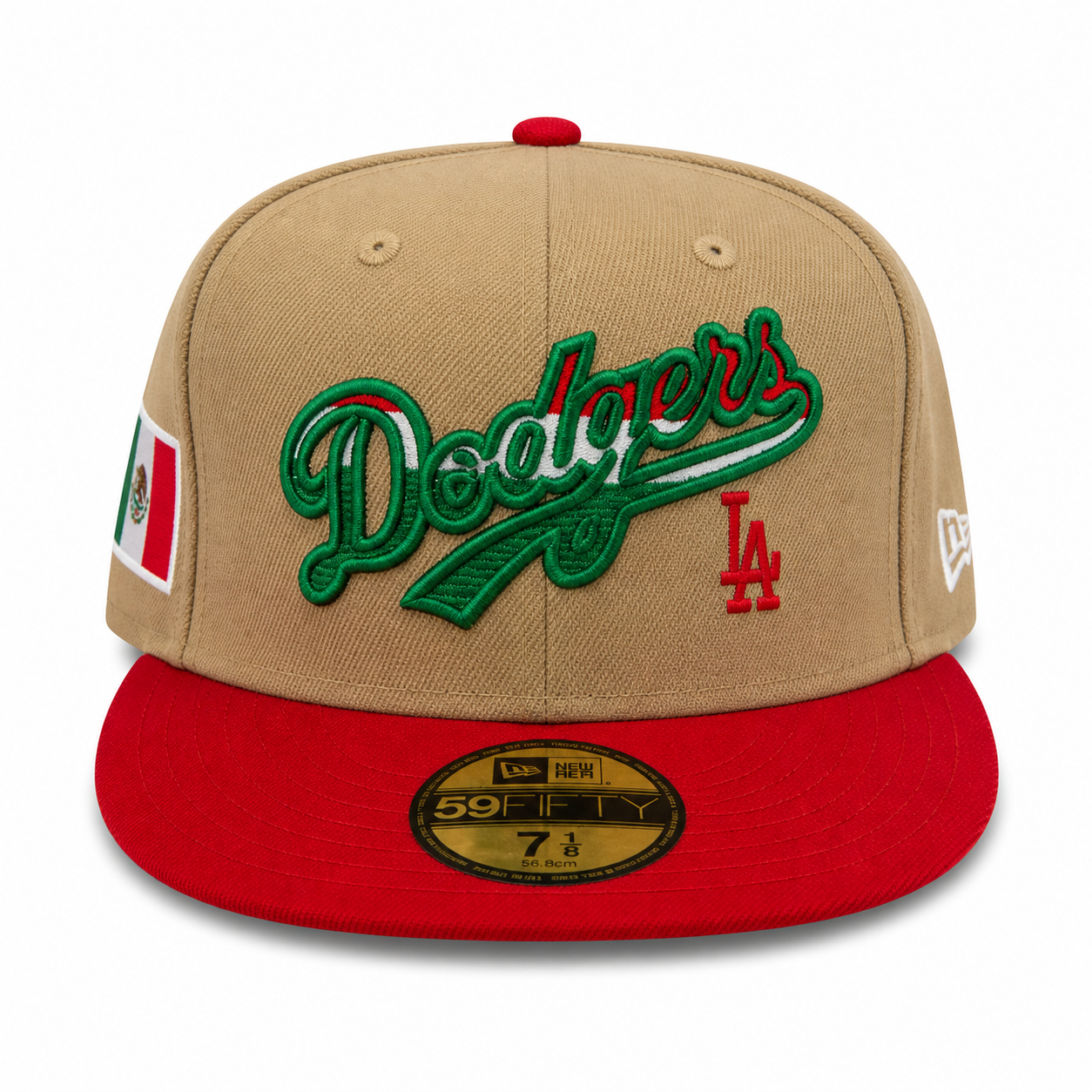 Beige and red baseball cap with 'Dodgers' logo on a white background