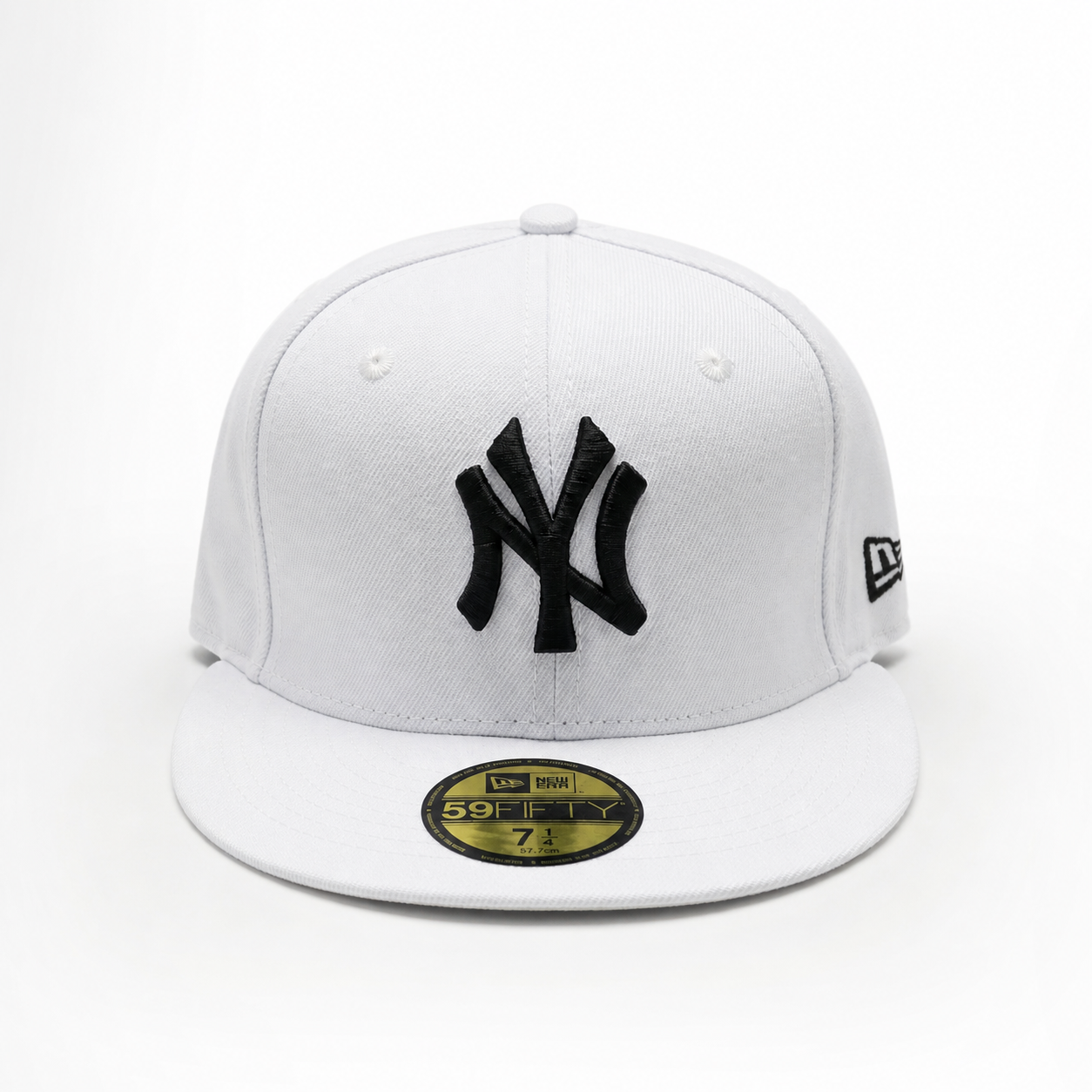 White New Era 59FIFTY fitted cap with black “NY” logo on the front, flat brim, size 7 1/4, displayed on a clean white background.
