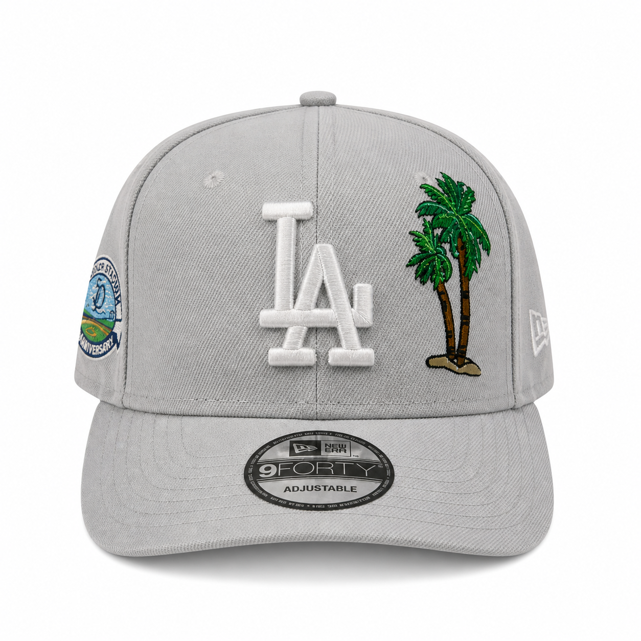 Gray New Era 9FORTY adjustable snapback cap with raised white “LA” logo, palm tree embroidery on the front, side patch detail, and curved brim, shown on a clean white background.