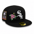 Black New Era 59FIFTY fitted Chicago White Sox cap with white “Sox” logo, floral embroidery with a bee on the side, All-Star Game side patch, flat brim, size 7 3/8, displayed on a clean white background.