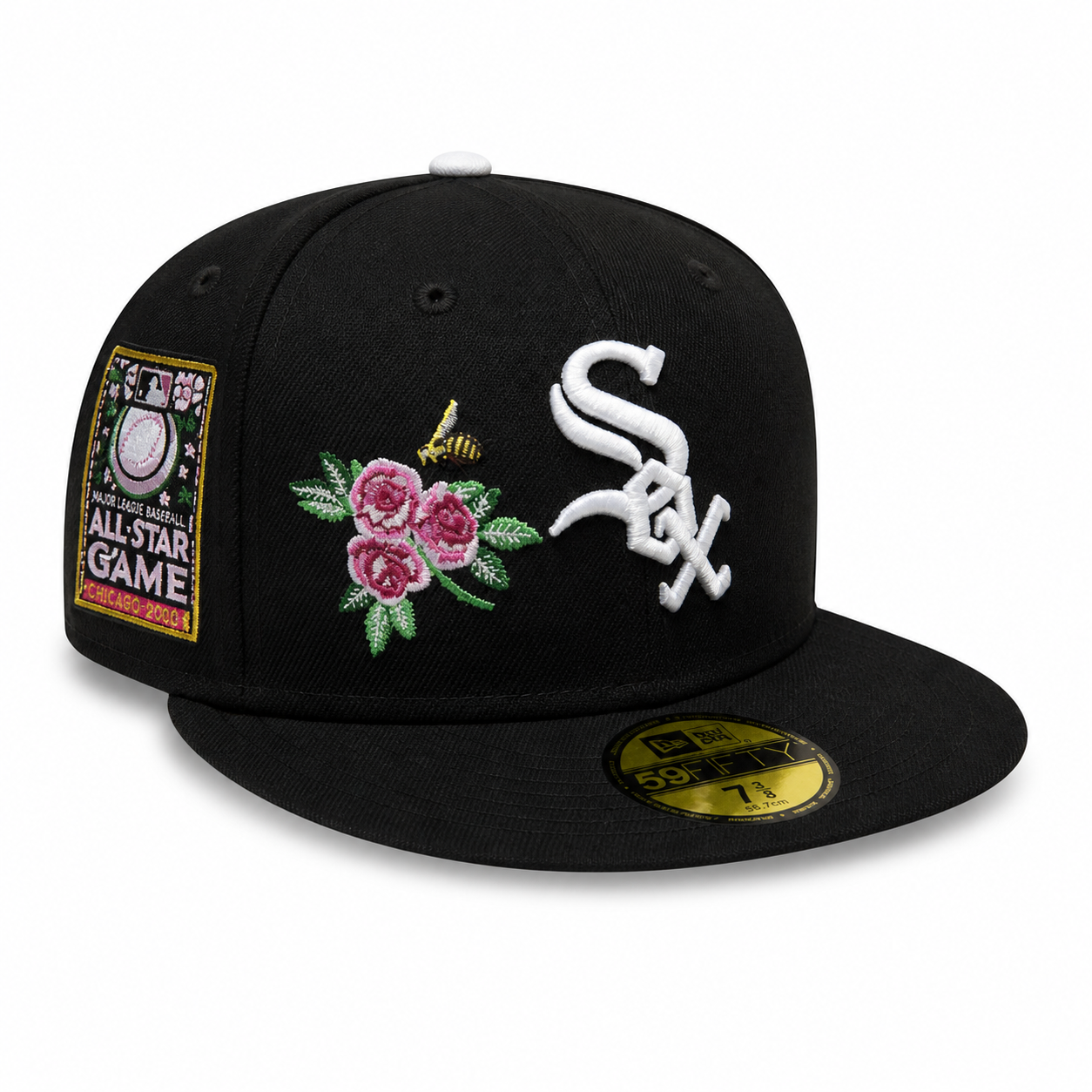 Black New Era 59FIFTY fitted Chicago White Sox cap with white “Sox” logo, floral embroidery with a bee on the side, All-Star Game side patch, flat brim, size 7 3/8, displayed on a clean white background.