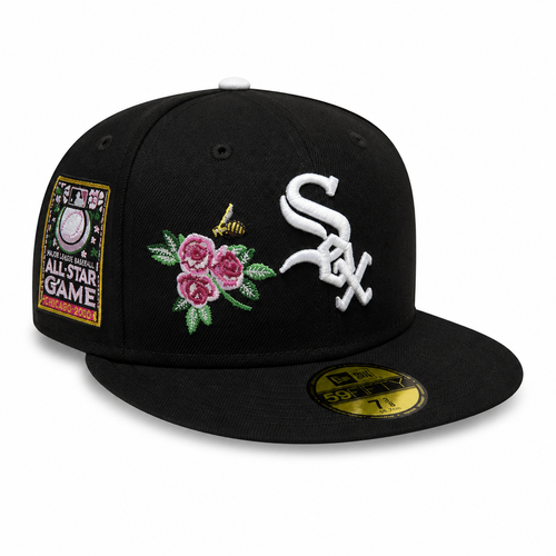 Black New Era 59FIFTY fitted Chicago White Sox cap with white “Sox” logo, floral embroidery with a bee on the side, All-Star Game side patch, flat brim, size 7 3/8, displayed on a clean white background.
