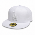 All-white New Era 59FIFTY fitted LA cap with tonal embroidered “LA” logo, flat brim, size 7, displayed on a clean white background.