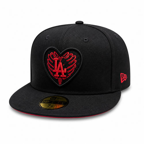 Black New Era 59FIFTY fitted LA cap with red heart-shaped embroidered emblem around the “LA” logo, red underbrim, flat brim, size 7 3/8, displayed on a clean white background.