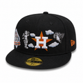 Black New Era 59FIFTY fitted Houston Astros cap with white “H” over orange star, angel and cloud embroidery across the front, side patch detail, flat brim, size 7 1/4, displayed on a clean white background.
