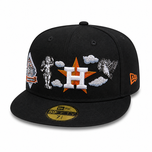 Black New Era 59FIFTY fitted Houston Astros cap with white “H” over orange star, angel and cloud embroidery across the front, side patch detail, flat brim, size 7 1/4, displayed on a clean white background.

