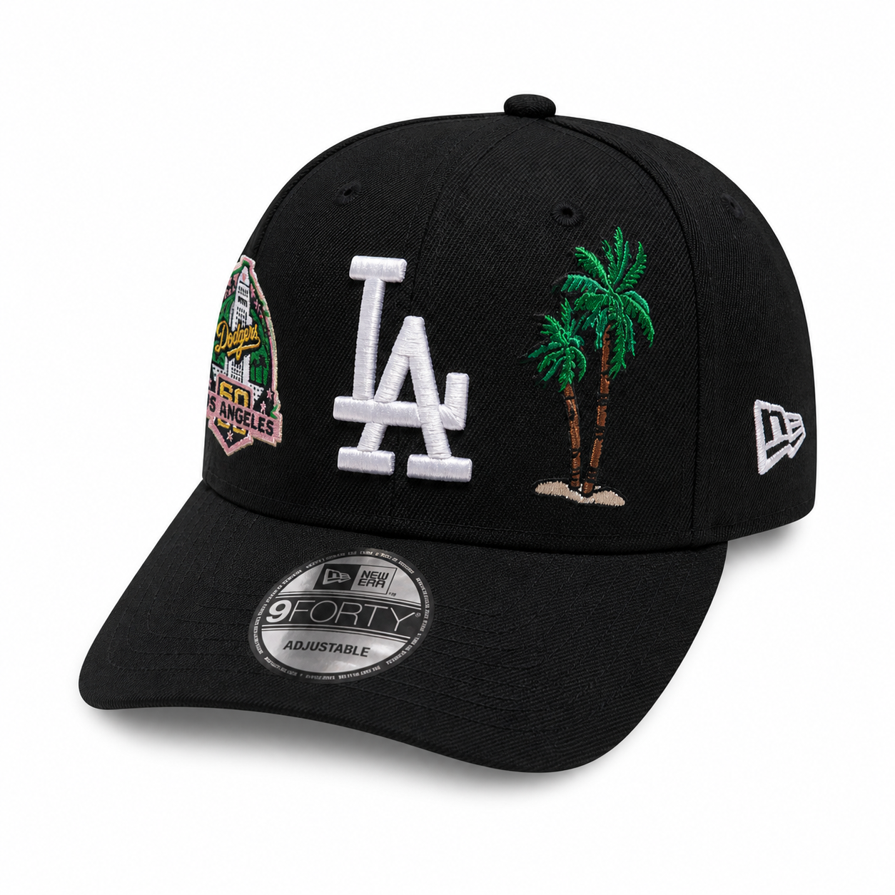 Black New Era 9FORTY adjustable snapback cap with white “LA” logo, palm tree embroidery, Dodgers side patch, curved brim, displayed on a clean white background.