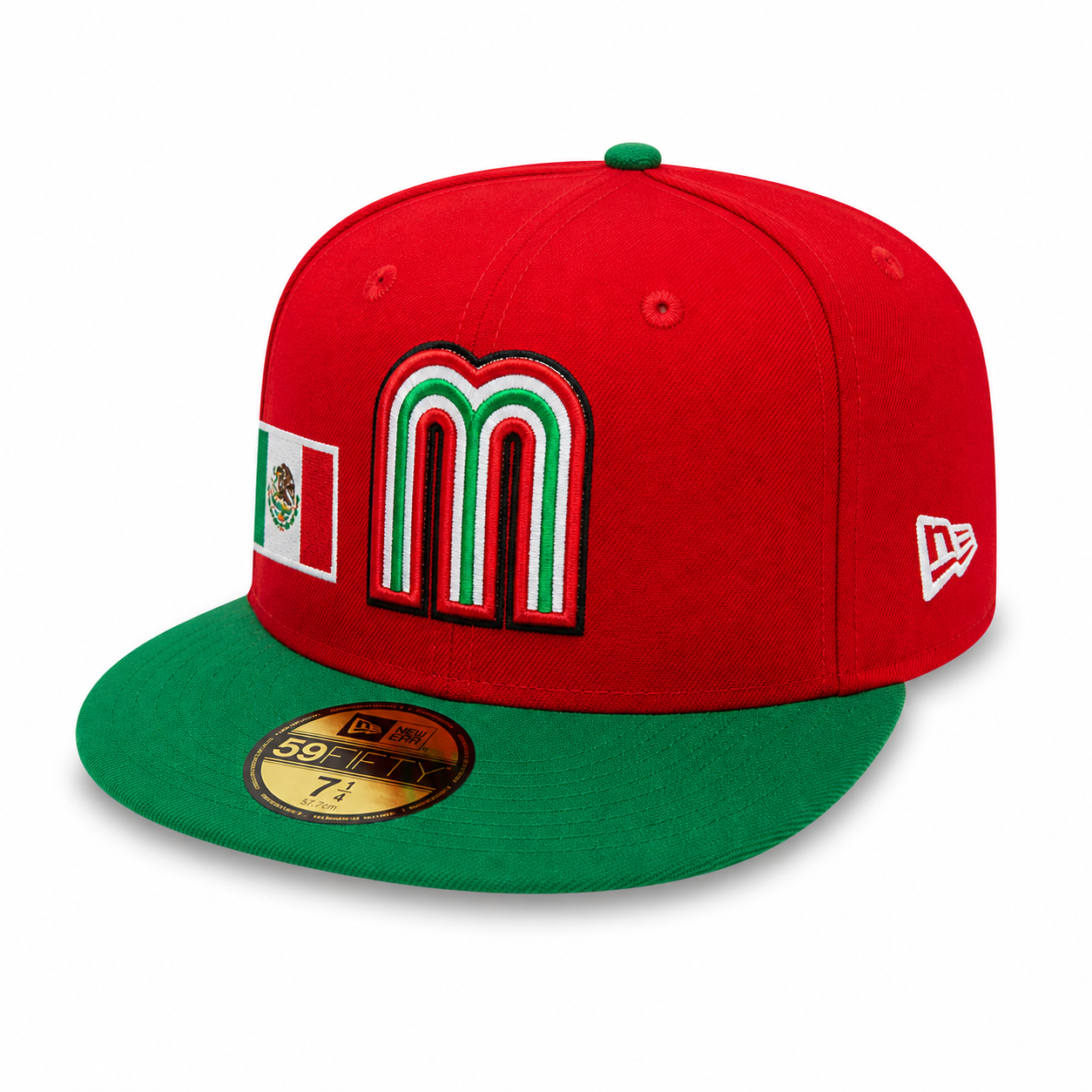Red New Era 59FIFTY fitted Mexico “M” cap with green brim, tricolor embroidered “M” logo, Mexico flag side patch, flat brim, size 7 1/4, displayed on a clean white background.