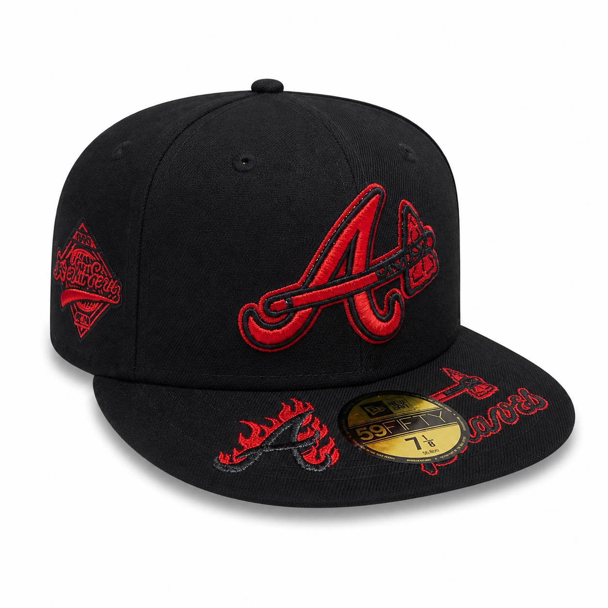 Black New Era 59FIFTY fitted Atlanta Braves cap with red “A” logo and tomahawk design, flame graphics on brim, script embroidery, flat brim, size 7 1/8, displayed on a clean white background.