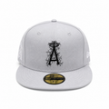 Grey fitted cap with black cracked “A” logo, flat brim, and 59FIFTY sticker on a clean white background