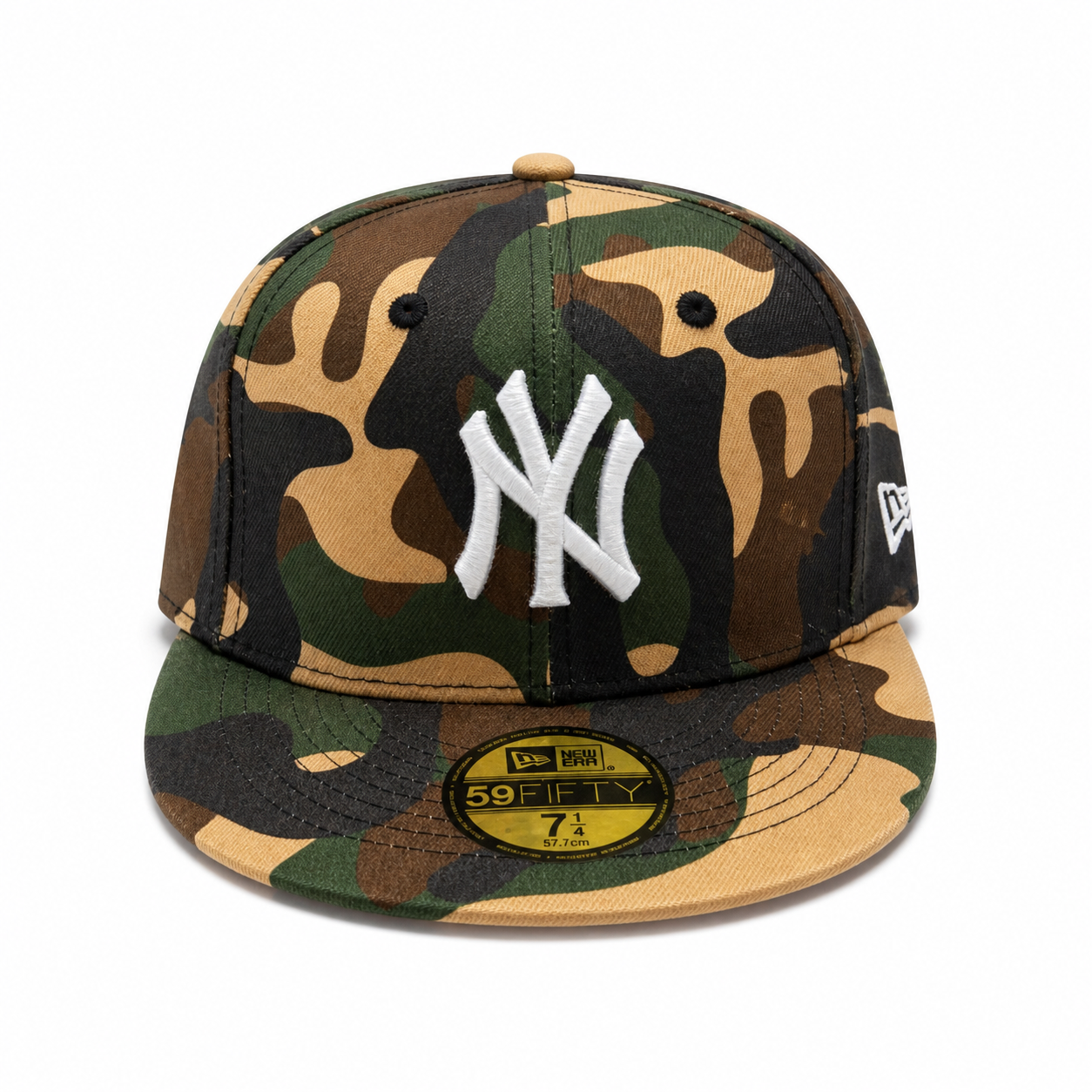 Camouflage fitted cap with white NY logo, flat brim, and 59FIFTY sticker on a clean white background