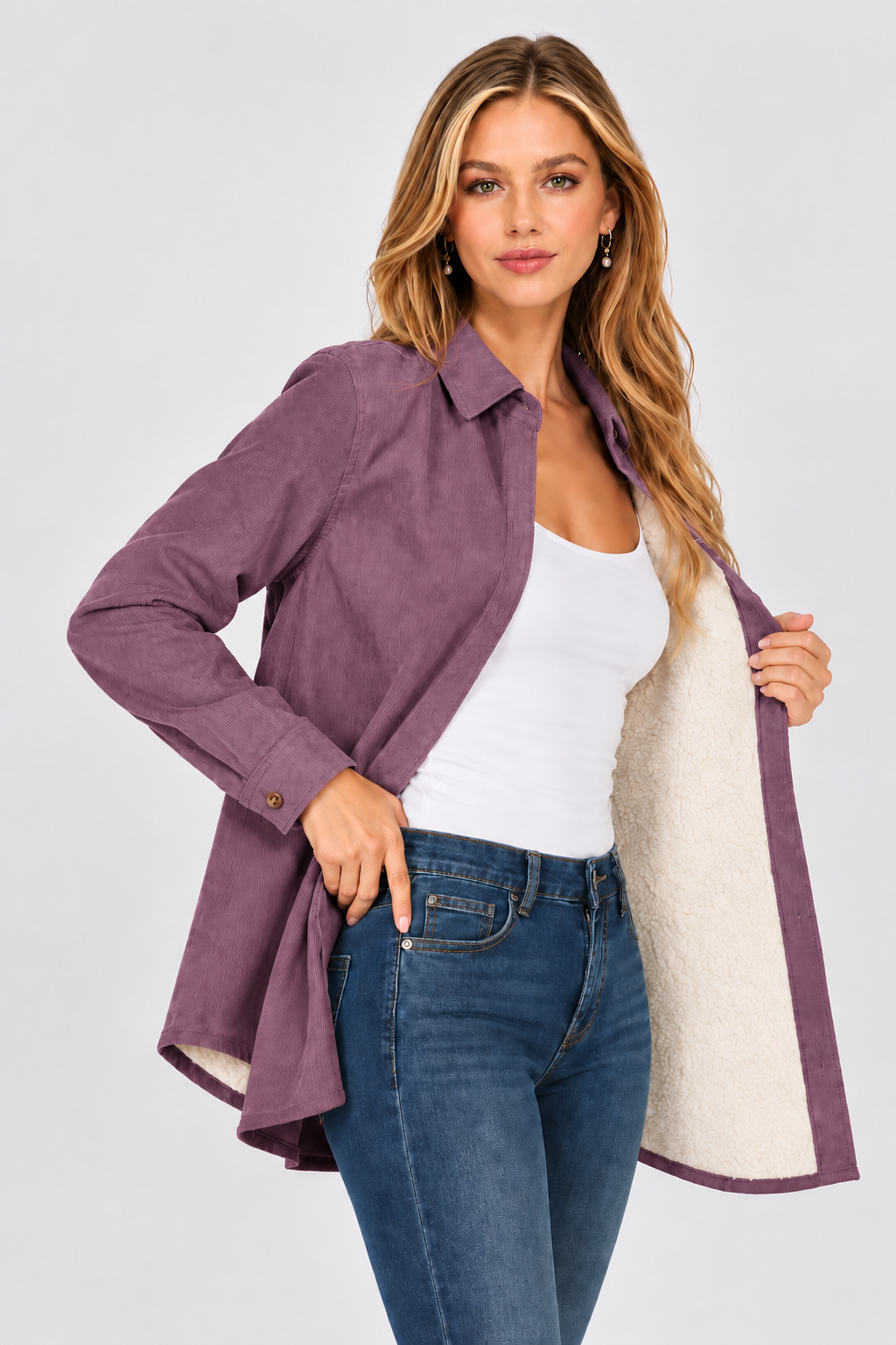A woman models a dusty purple button-up shirt jacket with a cream sherpa lining, worn open over a white tank top and blue jeans, against a light gray studio background.