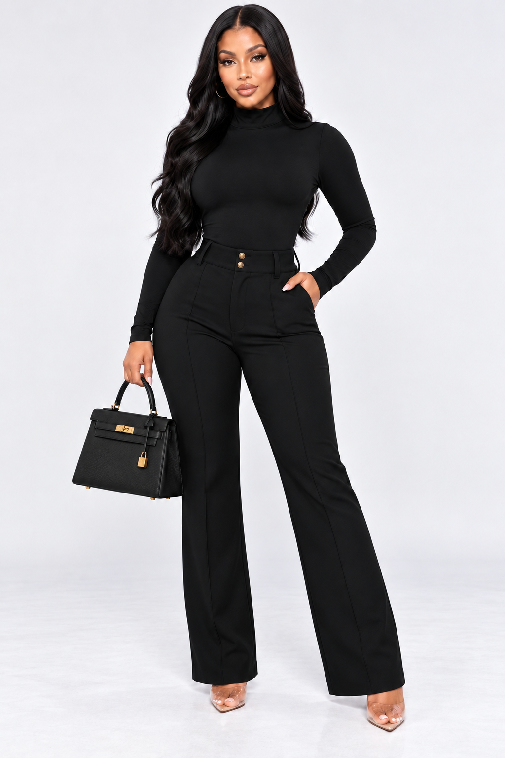 A woman modeling a black long-sleeve mock neck top and matching high-waisted black wide-leg pants, holding a black handbag with gold hardware against a light gray studio background.