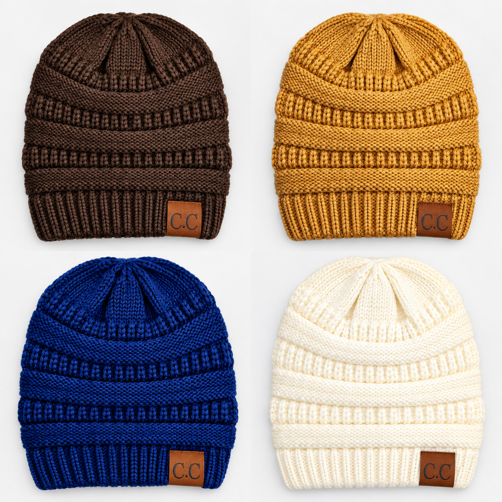 Four ribbed knit beanie hats arranged in a 2x2 grid on a light gray background, shown in brown, mustard yellow, royal blue, and cream. Each beanie has a small brown leather patch near the cuff with the letters 'CC'.