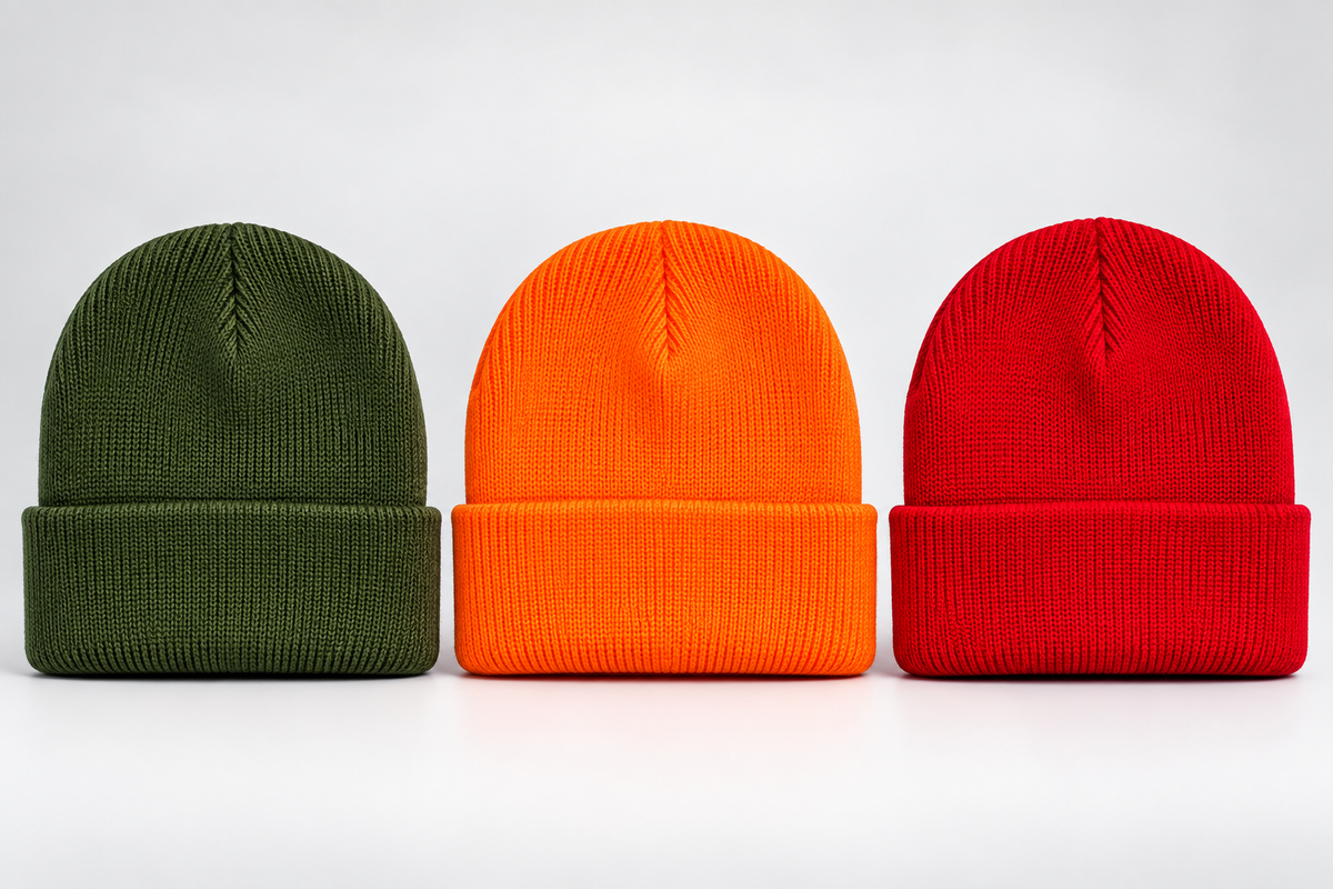 Three ribbed knit beanie hats in olive green, bright orange, and red, arranged side by side on a light gray background.