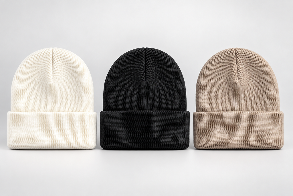 Three ribbed knit beanie hats in off-white, black, and light beige, arranged side by side against a light gray background.