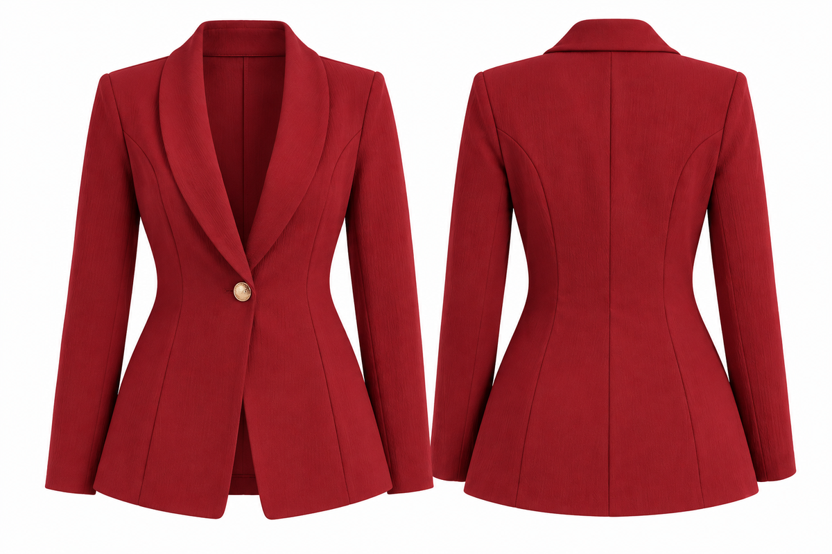 A red tailored blazer shown from the front and back on a plain white background. The front view shows a single gold-toned button, a notched lapel, long sleeves, and a fitted silhouette with a peplum-like flare at the waist.