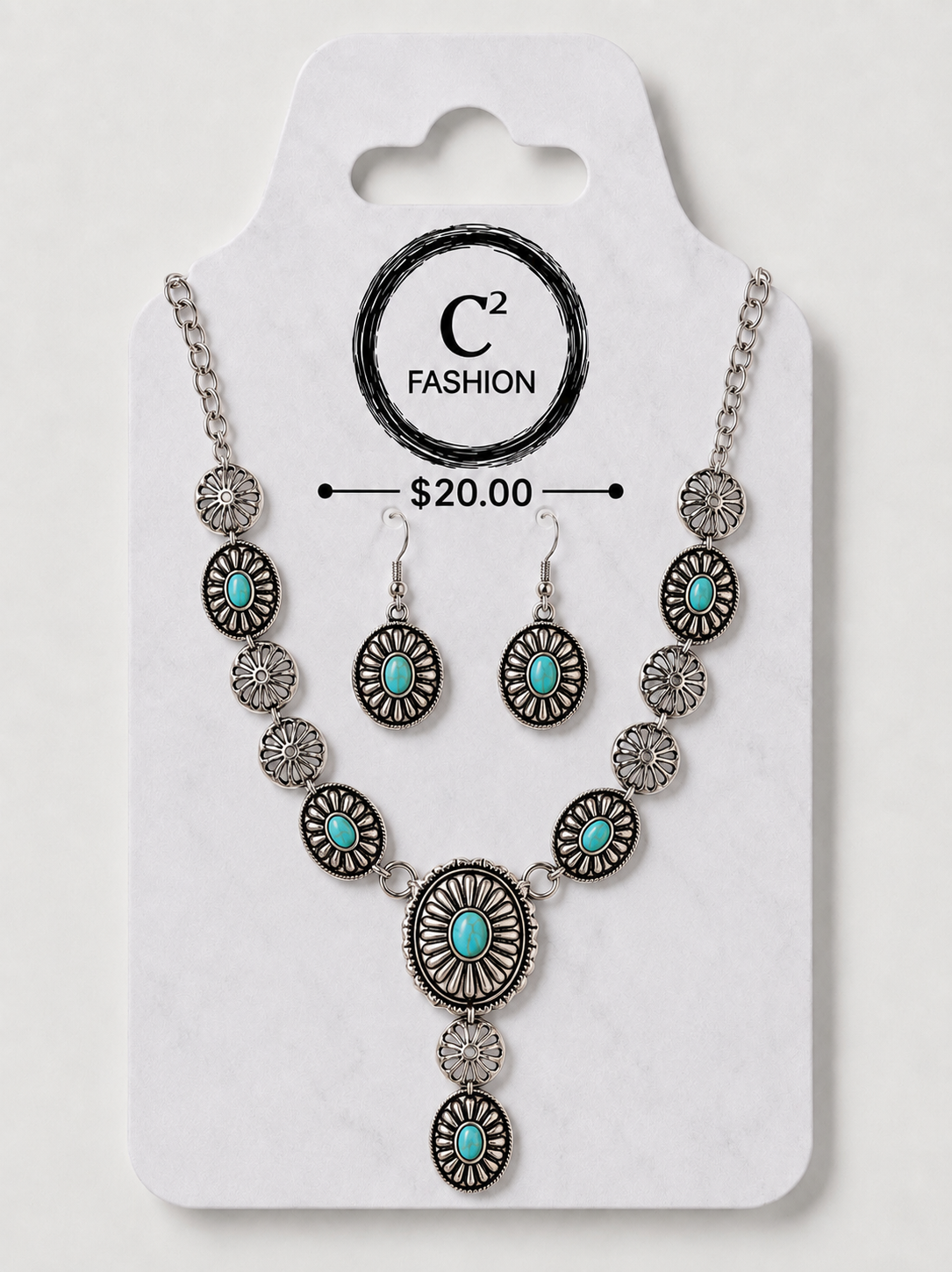 A silver-tone jewelry set featuring a necklace and matching drop earrings with turquoise-colored stone accents, displayed on a white C2 Fashion card.
