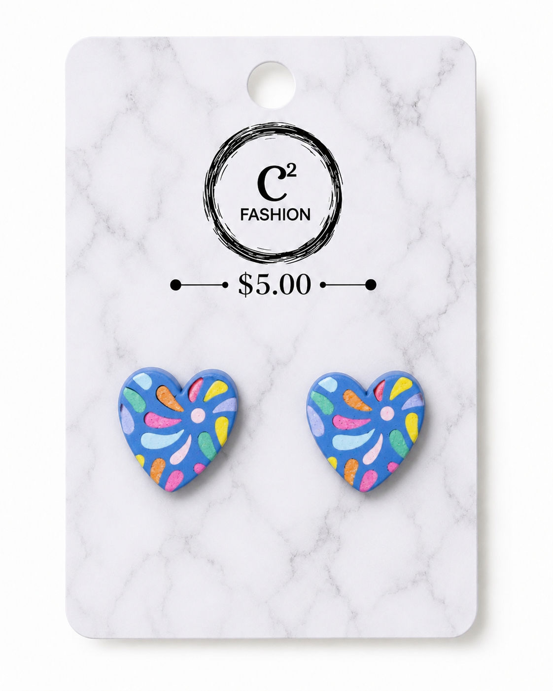 A pair of heart-shaped stud earrings with a colorful abstract pattern on a white marble display card. The card features the brand logo 'C2 FASHION' and a price of '$5.