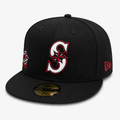 Black baseball cap with a red and white logo on a white background