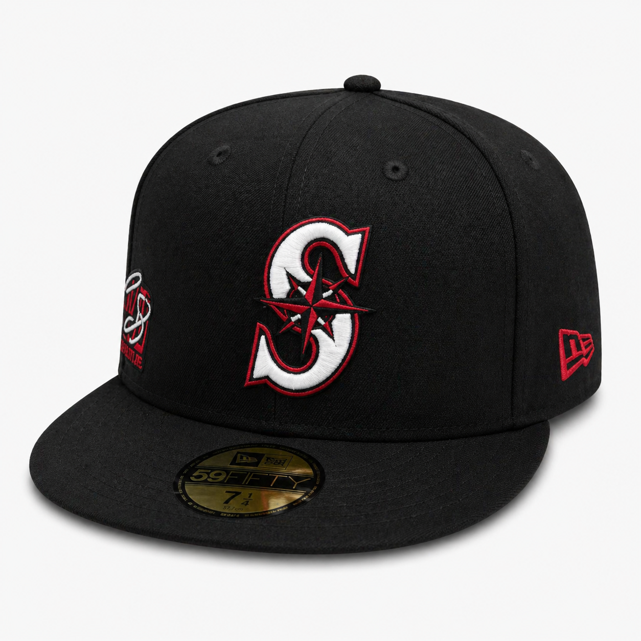 Black baseball cap with a red and white logo on a white background