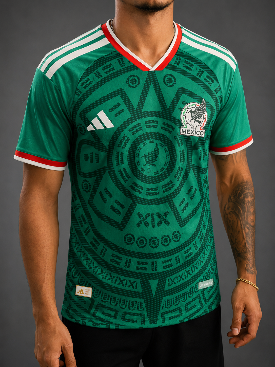 Man wearing soccer jersey.
