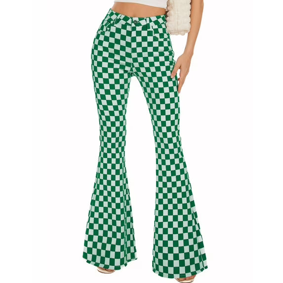 Green and white checkered bell-bottom pants on a white background