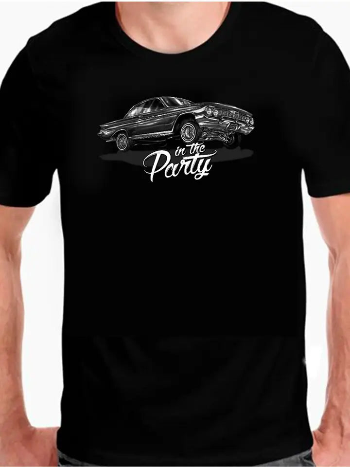 Black t-shirt with a car graphic and 'in the Party' text on a white background