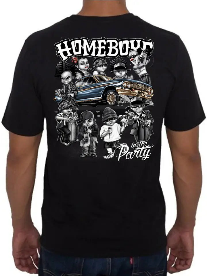 Black t-shirt with graphic design on the back, featuring text and images of people and a car.