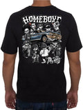 Black t-shirt with graphic design on the back, featuring text and images of people and a car.