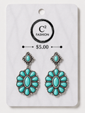 A pair of turquoise and silver dangle earrings displayed on a white C2 Fashion retail card showing a $5.00 price tag.