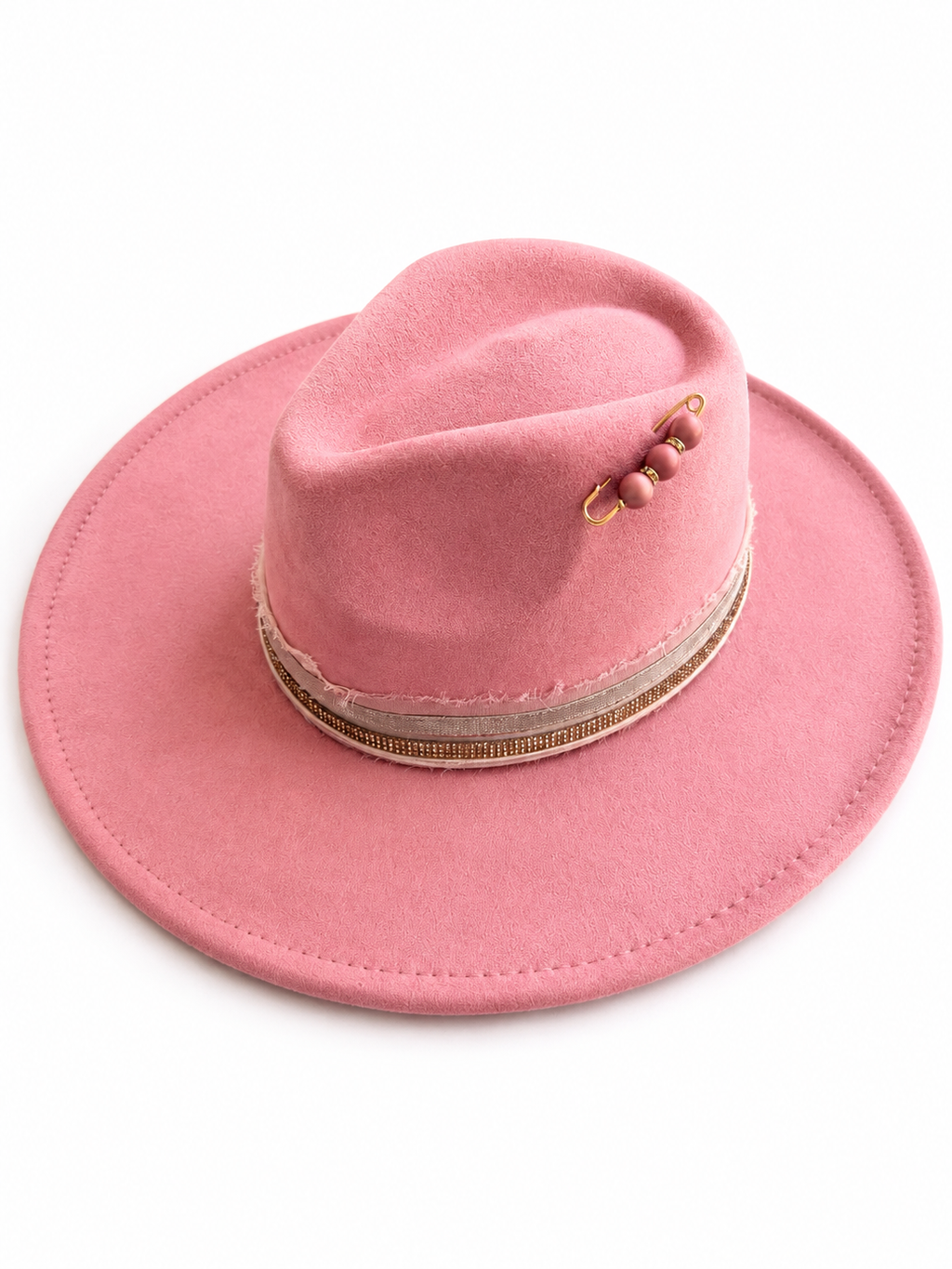 Pink fedora hat with rhinestone belt. 