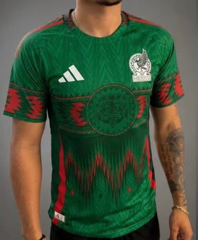 man wearing soccer jersey color green and red. 